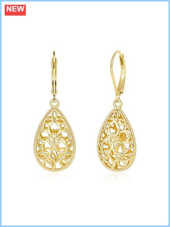 Jewelry - Filigree Leverback Teardrop Dangle Earrings 14K Gold Plated Women Jewelry